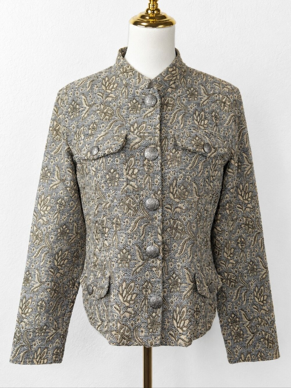 Vintage Chico's Tapestry Floral Jacquard Jacket Art to Wear Textured Blazer 1 M